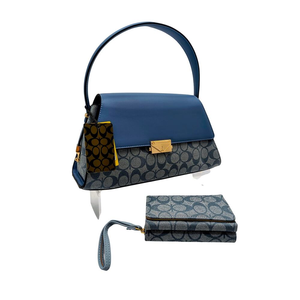 Chic Blue 2-in-1 Oval Push Lock Monogram Satchel & Wallet Set